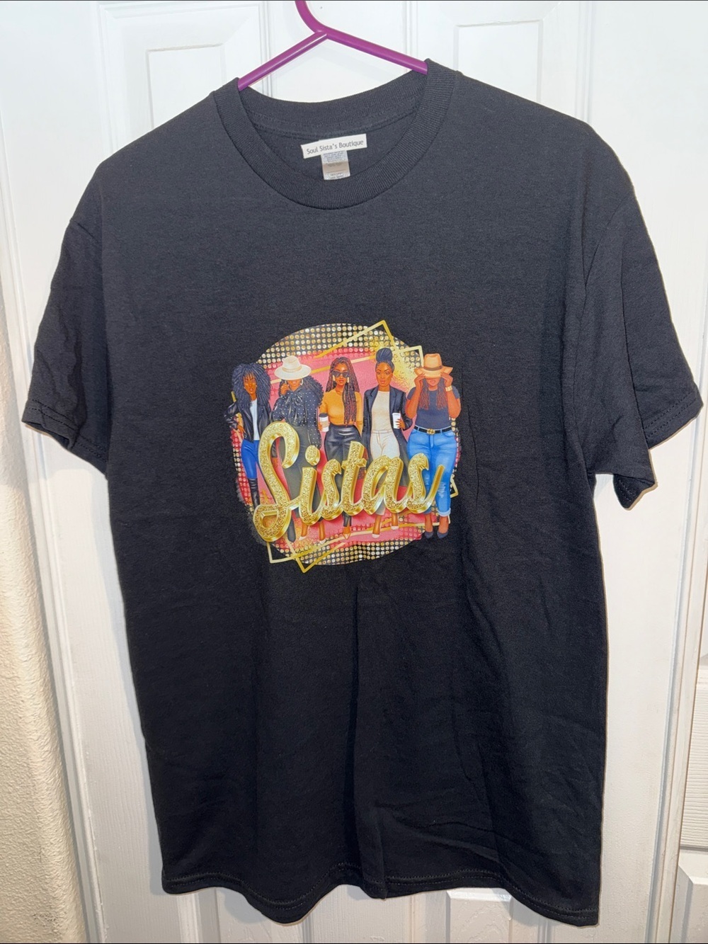 Gildan Black Short-Sleeve Tee with Colorful "Sistas" Graphic